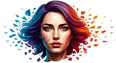 A woman's face in vibrant hues, fragmented into pieces, with each shard regenerating and moving together to restore the full face, on a white canvas.AI