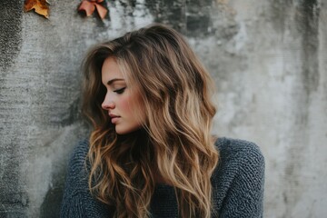 Naklejka premium A woman with long brown hair wearing a gray sweater standing against a textured gray wall outside