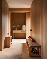 Interior stylish modern wooden entrance hallway decor with cozy wooden tone, contemporary home with furniture desk, stand and shoe bench