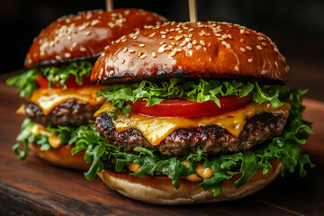 a mouthwatering photo of two burgers with lettuce, tomato,