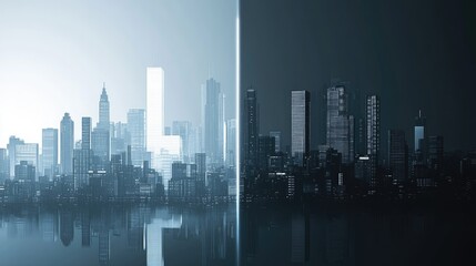 Urban Cityscape Split Scene in Black and White with Reflections and Dramatic Lighting