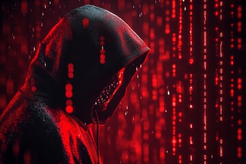 Cyberpunk inspired banner design featuring a hooded hacker amidst digital code and red light effects