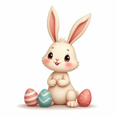 Obraz premium Cute cartoon Easter bunny, pastel colored Easter eggs, big ears, soft fur texture, kawaii style, round eyes, blushing cheeks, sitting pose, beige background, digital illustration, children's book art,