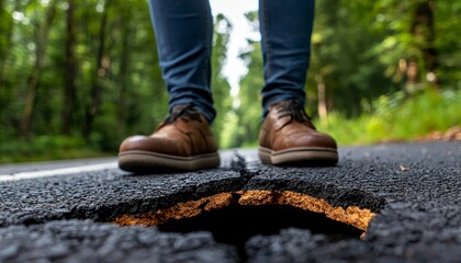 Standing on the Edge A Roadway Hazard Brown Shoes and Blue Jeans Posing by a Road Crack Detail