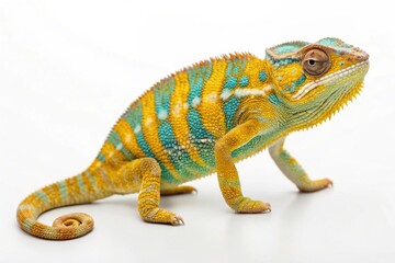 Vibrant Yellow Blue Panther Chameleon Isolated on White Background - Exotic Reptile Wildlife Illustration