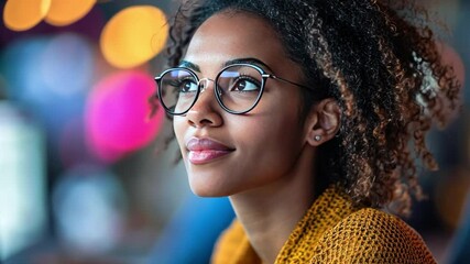 Thoughtful Gaze: A young woman with curly hair and stylish glasses looks pensively into the distance, a moment of reflection and contemplation.