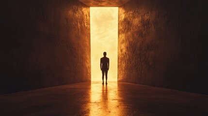 Fototapeta premium Silhouette of a Person Standing in a Bright Doorway with Golden Light Illuminating the Interior Space