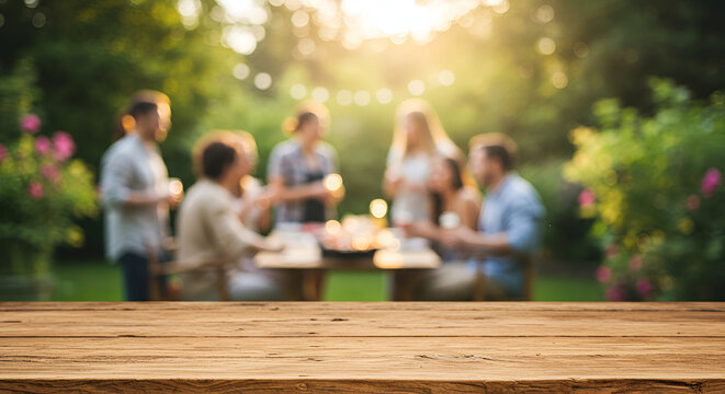 Empty wooden table and blurred view of a group of people having BBQ barbecue outdoors. Wallpaper, Wood desk in front of a natural garden background. Summer lifestyle Concept, Background,outdoors, bar-