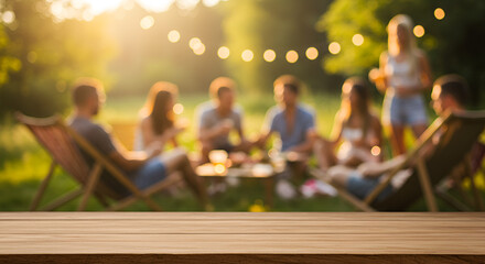 Empty wooden table and blurred view of a group of people having BBQ barbecue outdoors. Wallpaper, Wood desk in front of a natural garden background. Summer lifestyle Concept, Background,outdoors, bar-