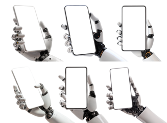 Robotic hands holding blank smartphones, isolated on transparent cutout background