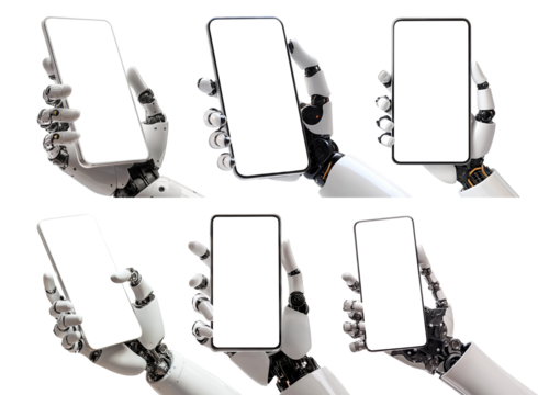 Robotic hands holding blank smartphones, isolated on transparent cutout background