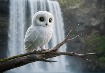 White owl sitting on a tree branch in front of cascading waterfall in background