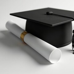 Monochromatic close-up of a graduation cap and diploma, object, college