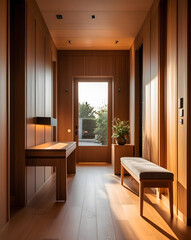 Interior stylish modern wooden entrance hallway decor with cozy wooden tone, contemporary home with furniture desk, stand and shoe bench