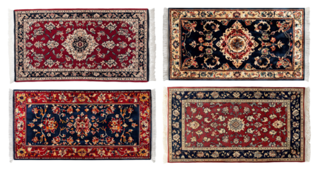 Set of traditional Persian rugs with intricate patterns, isolated on transparent cutout background