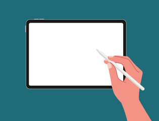 Top view of hands writing, drawing, painting on blank tablet with stylus pen for digital painting, graphic design, working or lecture flat vector illustration. Working on blank space tablet.