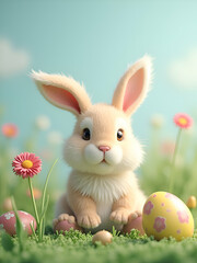Obraz premium Cute fluffy white bunny, Easter egg, pink flowers, green grass, soft pastel colors, dreamy atmosphere, spring scene, whimsical illustration, digital art, 3D rendering, fuzzy textures, big eyes.