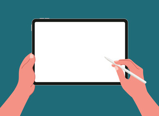 Top view of hands writing, drawing, painting on blank tablet with stylus pen for digital painting, graphic design, working or lecture flat vector illustration. Working on blank space tablet.
