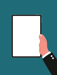Top view of hands using point and slide a blank tablet for social media, working, content creator, business or meeting flat vector illustration on white screen. Working on blank space tablet.