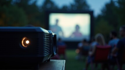 Close-up of a projector casting a light beam onto a screen in a dark outdoor setting, with chairs and blurred figures in the background.