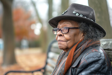 An elderly Black woman with glasses and a stylish hat sits thoughtfully on a park bench amidst autumn leaves.
