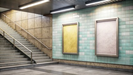 Underground Passageway with Blank Advertisement Panels and Staircase