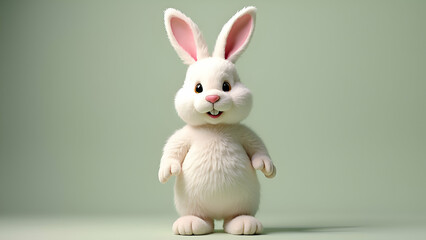Obraz premium 3D render, cute white bunny, plush toy, big ears, smiling, round body, soft texture, pastel green background, minimalist, adorable, cartoon-like, Easter theme, cheerful, fluffy, standing pose