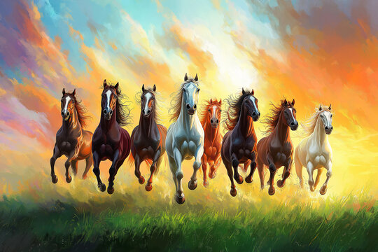 horses running freely across a grassy field, painted in an oil-painting style. The scene is full of energy and life, with the horses galloping in unison, showcasing their strength, grace, and freedom.