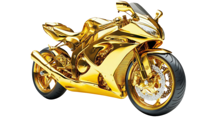 This eye-catching motorcycle features a shiny golden exterior and modern design elements. It stands out with its sleek body and intricate details, great for display or special events