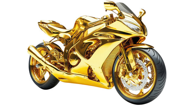 This eye-catching motorcycle features a shiny golden exterior and modern design elements. It stands out with its sleek body and intricate details, great for display or special events