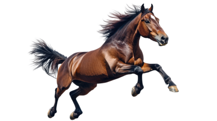 A powerful brown horse springs into the air, capturing its elegant form and muscular build. Its mane flows wildly, highlighting the dynamic energy and grace of the animal