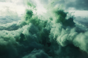 Naklejka premium Epic Cinematic Still of Green Smoke Forming a Dragon's Head Mysterious Dark Water Scene Shot on Arri Alexa for Ultra-Realistic Visuals Fantasy-Inspired High-Resolution Photography