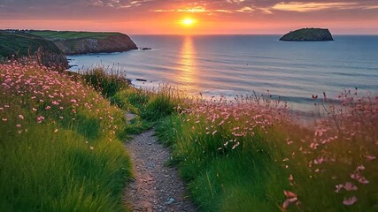 Serene coastal sunset with flowers lining a path to the beach
