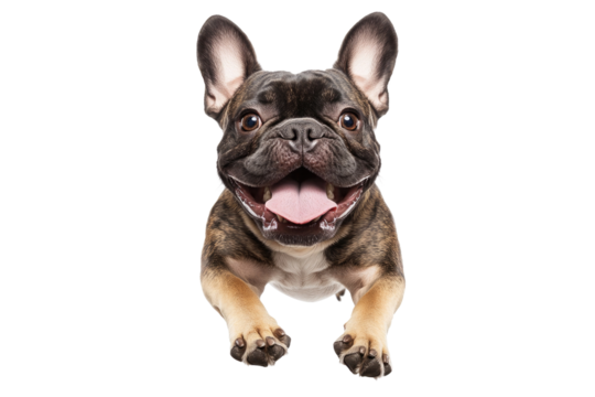 A lively French Bulldog with a shiny coat and expressive eyes is playfully running towards the camera, showcasing a wide grin and playful demeanor
