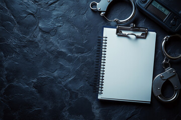Badge, Handcuffs, Radio, and Notepad on Dark Surface with Space for Official Branding or Text