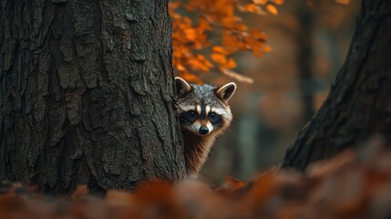 Raccoon peeking from behind trees in autumn forest.  Possible use Stock photo for nature, wildlife, or autumn themes