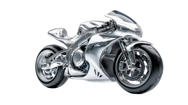 This remarkable chrome motorcycle stands out with its futuristic design and polished surface, capturing attention at a contemporary vehicle exhibition