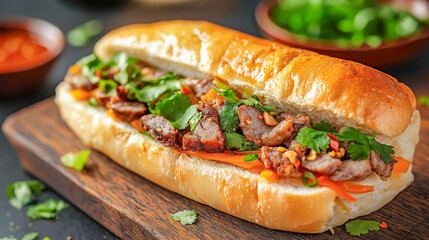 Savory meat sandwich topped with fresh herbs and vegetables on a wooden board