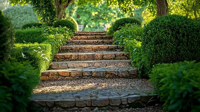 Serene garden pathway with stone steps surrounded by lush greenery