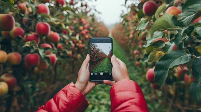 Capturing an orchard: person taking photo of lush apple trees with smartphone - Powered by Adobe