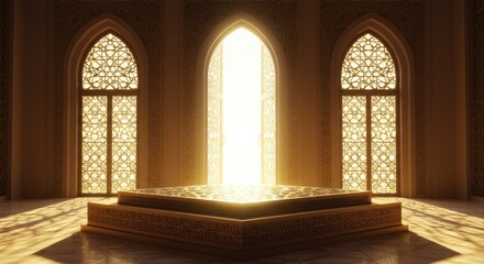 Fototapeta premium Serene Sunlight Illuminating Ornate Islamic Architecture Interior