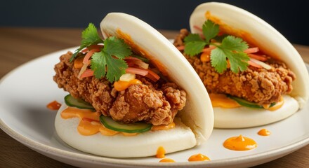 Crispy Fried Chicken Bao Buns with Spicy Sauce Cilantro and Pickles