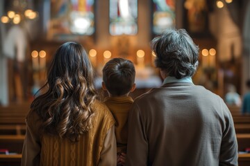 A woman and child stand with a man in a church, gazing at the stained glass windows and illuminated altar.