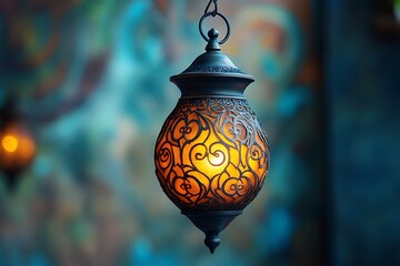 Ornate Metal Lantern Glowing Warmly