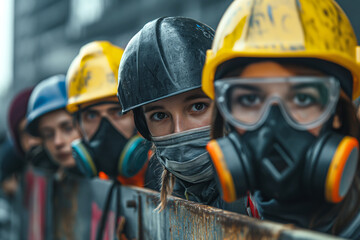 A group of women in hard hats and masks, showcasing determination and resilience in an industrial setting.