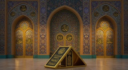 Fototapeta premium Majestic Interior of a Mosque: Golden Quran Stand and Intricate Arabesque Designs