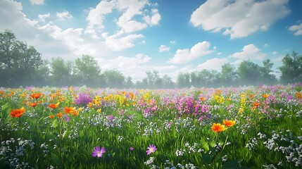 Obraz premium Colorful Wildflower Meadow Under a Bright Blue Sky with Puffy Clouds