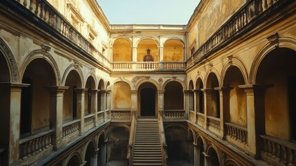 Fototapeta premium Exploring cultural heritage sites historical architecture in an abandoned courtyard outdoor wide-angle view