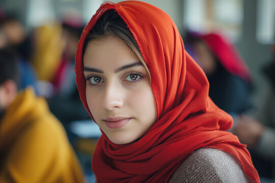 A young Middle Eastern woman in a vibrant red hijab gazes thoughtfully, surrounded by a warm and engaging environment.