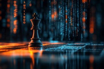 3d digital chess board featuring queen piece against binary code in ai business technology theme